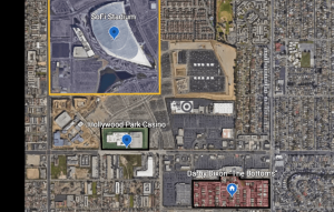 Map showing SoFi Stadium and The Bottoms in Inglewood.